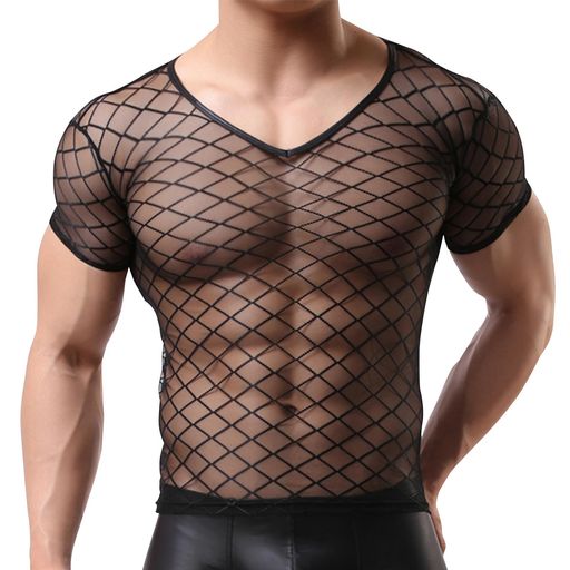 [AmyCoulee]シースルートップスメンズTシャツメンズメッシュトップスTシャツメンズタンクトップメッシュ半袖透け感無地速乾フィットネス部屋着(208-A-BlackM)