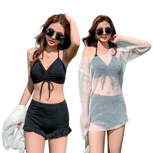 セクシーな透けメッシュレディーススモックブラウス、ビキニ水着ブラジャー、フレアショーツの3点セットです。夏のビーチシーンに欠かせない一着!レジャーやご旅行に。 フロントでねじったバンドゥーデザインがセクシーで可愛いバックレースアップビキニが...