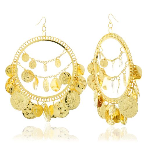ゴールドヴィンテージレディースジュエリーアクセサリートライバルビッグ大きいドロップ珍しいコインチャームフープベリーダンスチェーンロング揺れるスタッドピアスイヤリ...