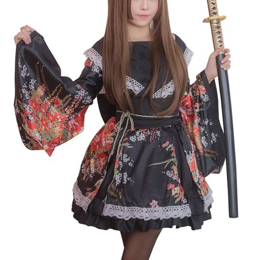 [IntooMe]レディースメイド可愛い和服蝶リボン付き花魁和風女性コスプレアニメコスチューム衣装仮装花魁衣装着物衣装セクシー(Mブラック)