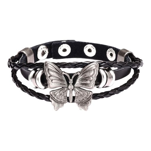 [JEWELRYWE]蝶々ブレスレット革ベルト編みブラック:可愛いパンクゴシックセクシーレザーベルト腕輪長さ調整可能黒レディースファッションアクセサリー