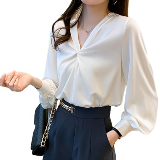 [MaadeaNoeTe]ブラウスレディースシャツ長袖シフォントップスVネック無地カジュア...