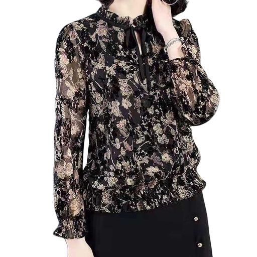 [MlleeSSeeldyTRC]ブラウスレディース長袖シャツシフォン花柄ワイシャツVネックトップスフリルリボンプ..