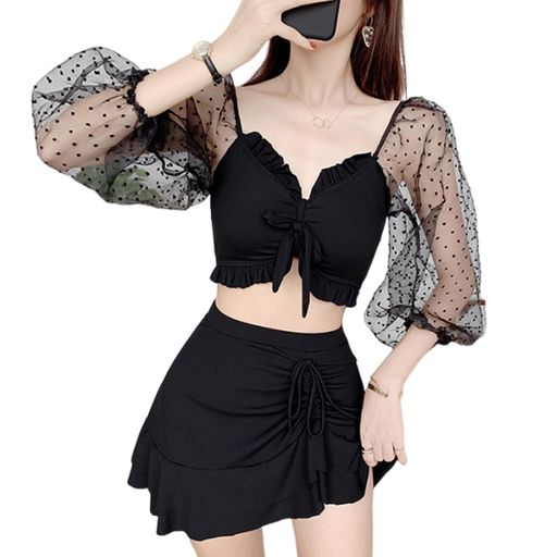 [HuuMeNEIDOO]水着レディース体型カバーセパレート2点セットドット柄長袖トップスラッシュガードハイウエストスカートビキニ可愛い大きいサイズ透け感海水浴水陸両用