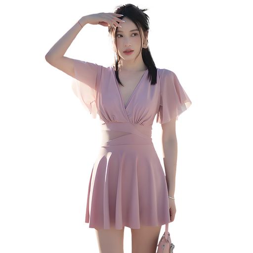 [PORIN]水着レディース体型カバーワンピース大きいサイズ着痩せ女性大人ショートパンツパッド付き可愛いセクシー女性らしいフレアスリーブ露出控えめ水陸両用弾性着心地オシャレ黒い…