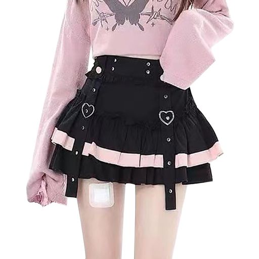 [LAVASEON]可愛い学院風量産型スカートミニレディースハートバックル地雷系3層フリル韓国風服学生ティアードボトムス森ガールAラインきれいめおしゃれ(4)