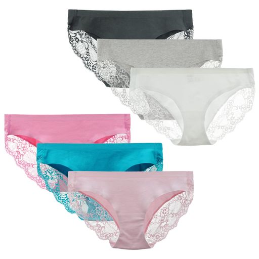 Liqqyショーツレディースローライズショーツ下着女性用綿パンティーかわいいレースヒップスター6枚組(LL黒+グレー+白+ローズ+青+ピンク)