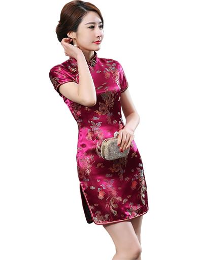 [CBCPOWER]ミニチャイナドレスセクシーチャイナ服梅花柄光沢あり短袖ミニドレス(龍鳳柄ワインレッドL)