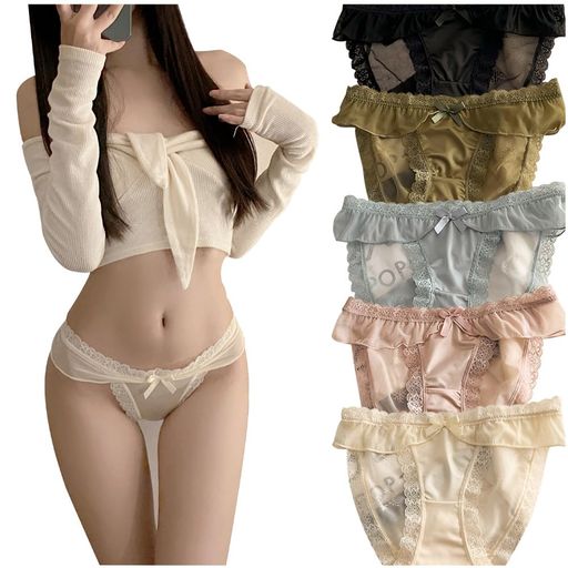 [VATEIS]ショーツサテンレディース光沢生地フルバックレギュラーレースバックチュールレース透け感甘ロリちょい甘セクシーローライズ可愛いリボン付き(Mサイズ、5枚入り)