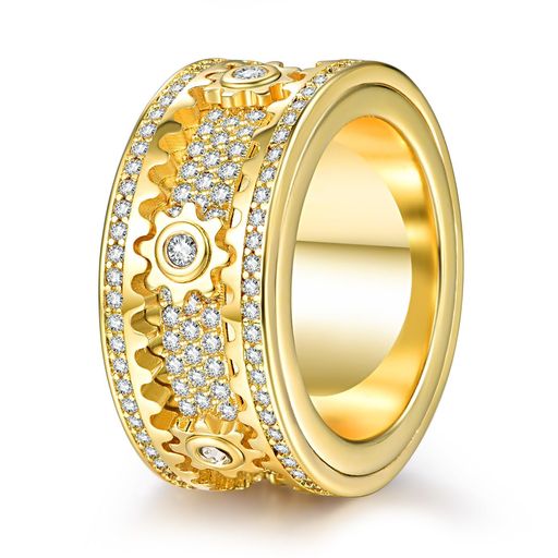 083BASE|ユニークギアデザインメンズリング|銅製|10mm幅|キュービックジルコニア装飾|回転ギア付き