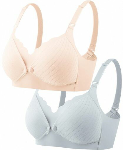 [Joyancejt]マタニティブラ2枚組前開きノンワイヤー授乳ブラ妊婦用ブラジャー綿垂れ防止大きいサイズ(ライトベージュ&ライトグレー3L)