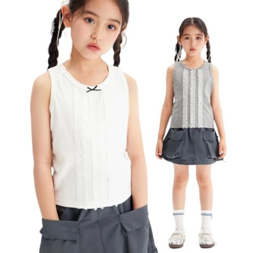 [BarryBanny]タンクトップキッズガールズキャミソール子供服2枚組夏かわいいニットトップスジュニアインナーレースフリル付き女の子小学校中学校110cm