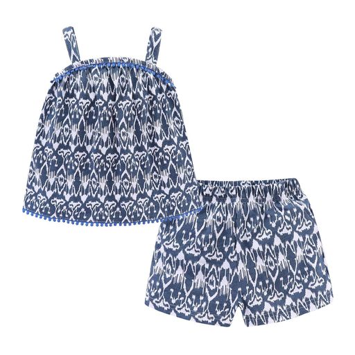 [LittleSpring]キッズセットアップ女の子キャミソール子供ショートパンツ総柄ドット御洒落普段着紺色120