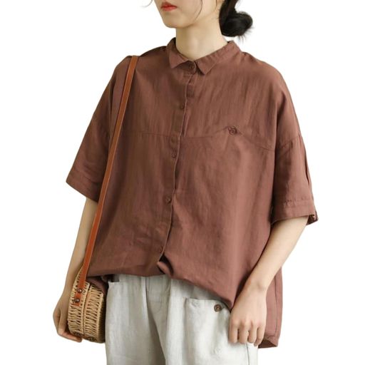 [KOEKOI]シャツブラウスレディースロング半袖薄手無地ゆったり綿麻カジュアル着痩せ体型カバー大きいサ..