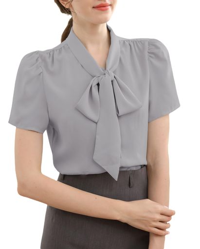 [SPRINGSEAON]ボウタイシャツ半袖シフォンブラウスリボントップス春夏スーツインナ...