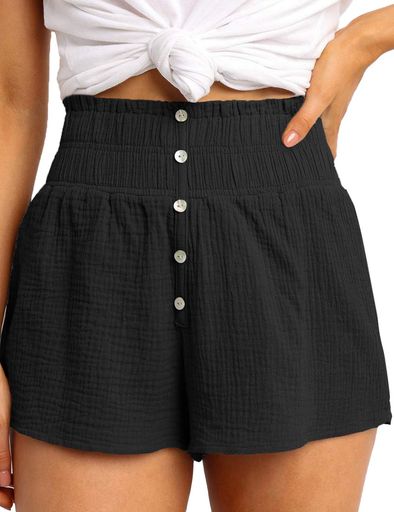 [Eddoyee]ショートパンツファッション無地かわいい弾性パンツボタンダウンカジュアルルーズ女性黒M
