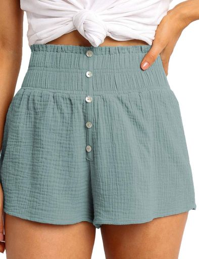 [Eddoyee]ショートパンツファッション無地かわいい弾性パンツボタンダウンカジュアルルーズ女性青M