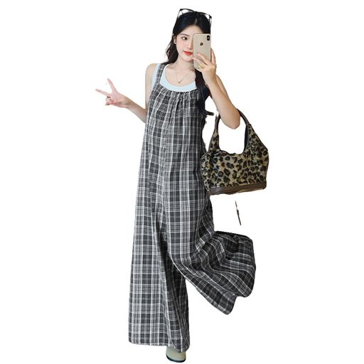[xppe]サロペットレディースチェック柄リネンオールインワンジャンパースカート重ね着ゆったりワイドパンツ夏秋薄手可愛い韓国3色展開