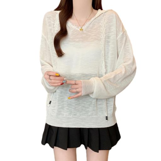 [JoccKorr]サマーニットレディースフード付きシャツブラウスUVカット薄手羽織りトップスレースtシャツパーカー冷房対策シアー感チュール長袖カットソーカジュアル快適体型カバーお洒落…