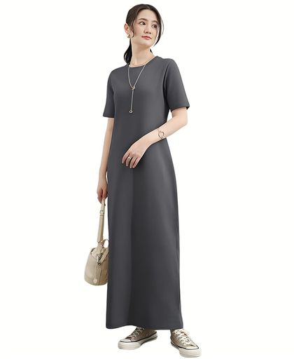 [LeafIn]ワンピース夏レディース半袖クルーネック袖なし着痩せゆったり体型カバー無地シンプルカジュア..