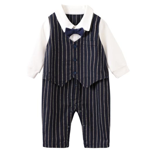 [UNIMOR]ベビーフォーマルスーツカバーオール紳士風ベスト付き蝶ネクタイ出産祝い結婚式誕生日お宮参り写真撮影お食い初めフォーマルロンパース(65ネイビーXストライプ)