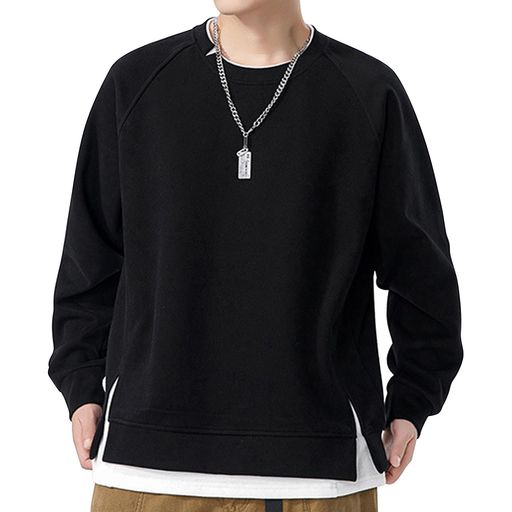 [WisdomWolf]スウェットシャツメンズ長袖無地丸首ゆったりシルエットカジュアル秋冬服おしゃれ大きいサイズ暖かいBLACK-XXL