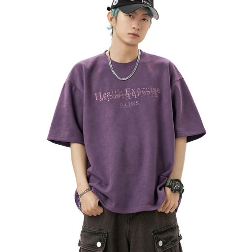 [JoveJek]tシャツ半袖メンズフェイクスエードビッグシルエットクルーネックストレッチ五分袖夏服ゆったり涼しい胸プリント吸汗速乾学生かっこいいおしゃれ(ts008-Purple-L)