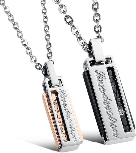 [SUNYOBAO]ブランドペアネックレスメンズレディースネックレスピンクゴールドブラックステンレスジルコ..