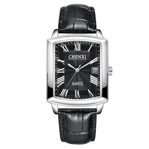 腕時計メンズ本革ベルトカレンダーペアウォッチ:3ATM防水ローマ字アナログ表示スクエアシンプルレザーベルト長さ調整可能クオーツカップルウォッチブラック-彼氏彼女記念日クリスマス…