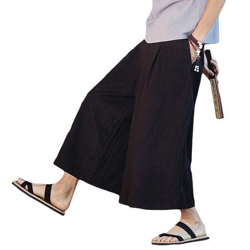 [COZOEN]ワイドパンツメンズ夏ガウチョパンツタイパンツ和式ズボン9分丈リネン無地ウエストゴム春秋軽..