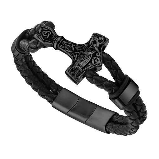 [Bandmax]ブレスレットメンズレザー革ブラック黒アレルギー対応防水人気トールのハンマーミョルニルシンプルサイズ調整可能男性アクセサリー