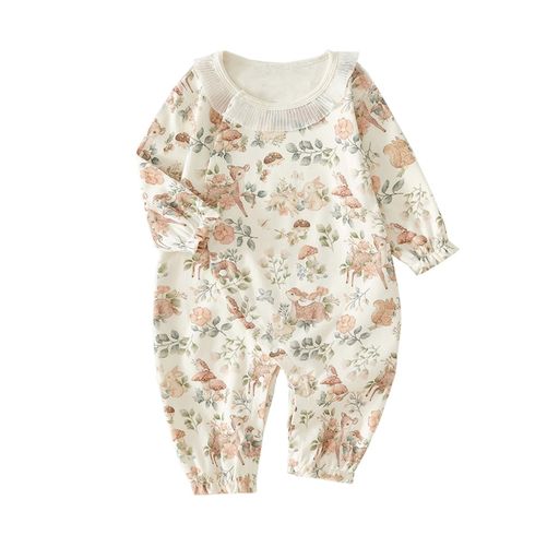 Babykoiベビー服長袖ロンパース春秋新生児カバーオール前開き赤ちゃん女の子出産準備贈り物花柄動物柄カーキ色24M