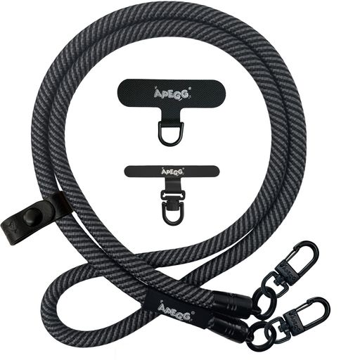 [APEGG]携帯ストラップスマホショルダーストラップ首掛け・肩掛けストラップ長さ120cm太さ10mm頑丈な金属パーツ落下防止ストラップホルダー2枚付き全機種対応Carbon&Black