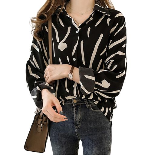 [MlleeSSeeldyTRC]ブラウスレディース長袖シャツプリントワイシャツトップス襟付きゆったり大きいサイ..