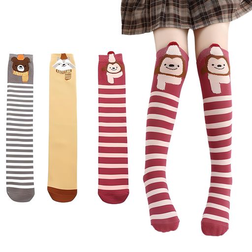 [VIXA]キッズガーリーハイソックス3足組女の子可愛い靴下女の子ガールズ柔らかい動物柄キッズニーハイソックスオーバーニーワンサイズ踵なし室内入学式卒業式通学通園ギフト(3足組(牛+…