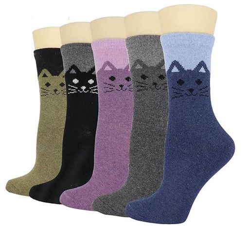 [EOMECUIGAO]靴下レディース5足組可愛い猫冬靴下あったか靴下かわいい厚手暖かいウール防寒防風(大きな顔の猫)