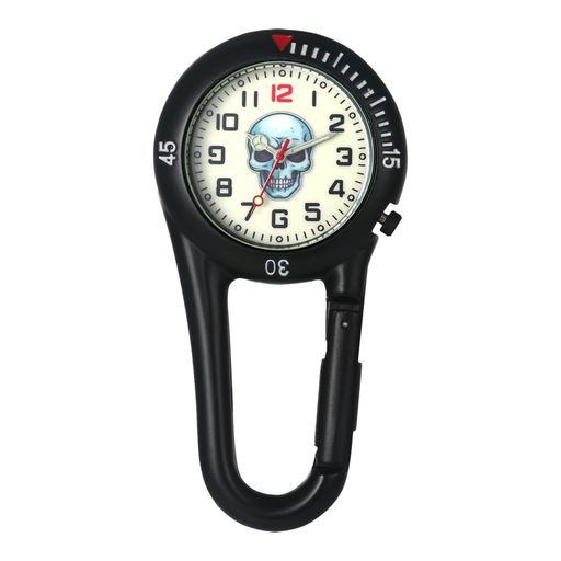 懐中時計カラビナ時計防水髑髏クリップウォッチ:夜光アナログスカルペンダント時計キーホルダー時計アウトドア登山バックにつける時計-ハロウィンプレゼント