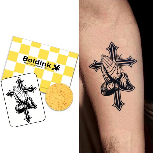 Boldinkタトゥーシール半永久的ジャグアタトゥー2枚セット2週間長持ち防水刺青シール入れ墨シール男性女性メンズレディース十字架クルスプレイハンズ祈る手