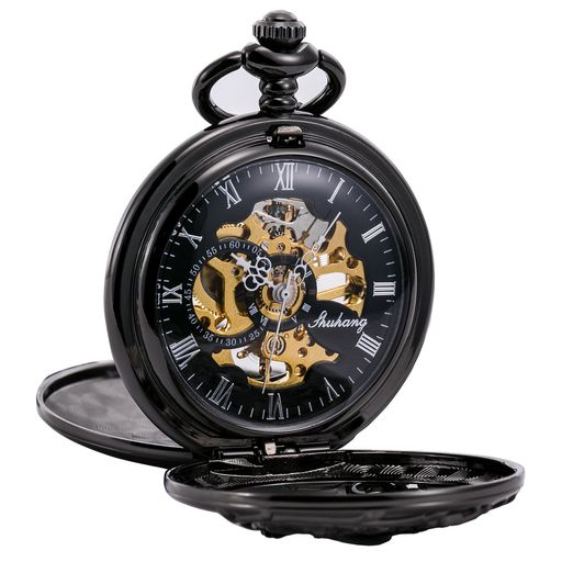 TREEWETO機械式手巻懐中時計両面蓋竜透かしスケルトンチェーン付き