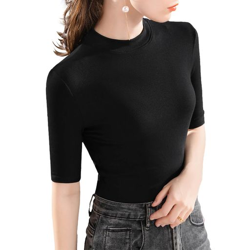 [fourfivesixはる]ハイネックレディースカットソー五分袖タートルネックtシャツ薄手トップス着やせインナー無地通勤スリム細身体型カバー夏(Freeクールネックブラック)