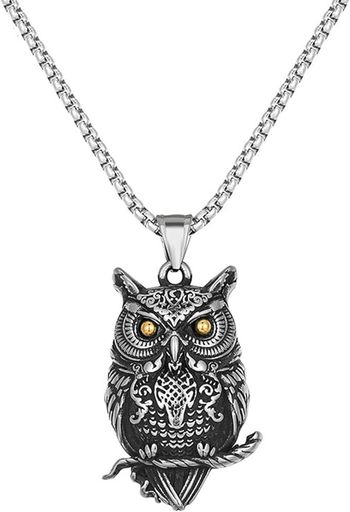 [SUNYOBAO]フクロウネックレスメンズステンレスシルバーおしゃれ動物ふくろう鳥モチーフペンダントネックレス不苦労厄除け開運ネックレスアンティークヒップホップ風誕生日ファッショ…