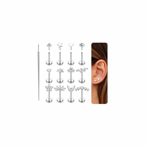 [ORAZIO]12点セットボディピアス20g耳鼻唇リップ軟骨ピアスジルコニアオパールシンプルかわいいサージカルステンレス金属アレルギー対応ボディピアクセサリー(シルバー)
