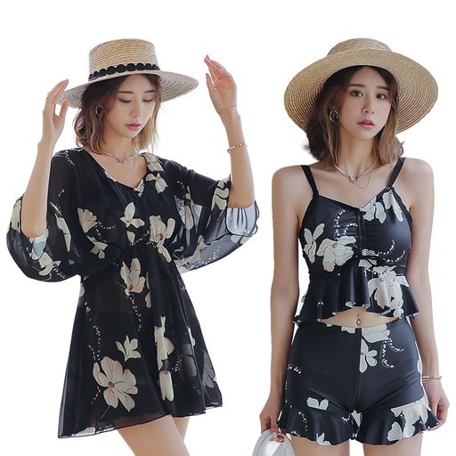 [VIXA]レディース水着レディース花柄ビキニ水着セット3点セット上下セパレートカバーアップ付き夏ビーチウェア黒可愛い20代30代40代ママ水着ビーチリゾート旅行(JPアルファベット2XL