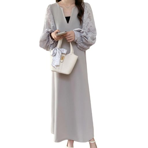 [MzcoYmm]ワンピースレディースロングワンピース長袖Vネックドッキングワンピースレースパフスリーブ異素材切り替え透け感カジュアル体型カバーきれいめ普段着春秋