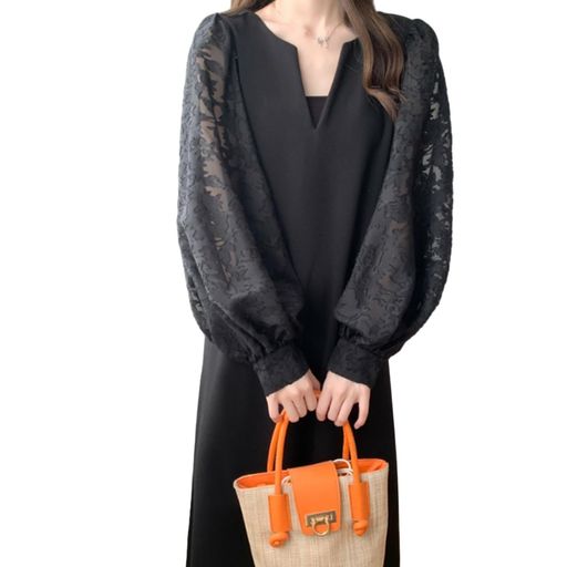 [MzcoYmm]ワンピースレディースロングワンピース長袖Vネックドッキングワンピースレースパフスリーブ異素材切り替え透け感カジュアル体型カバーきれいめ普段着春秋