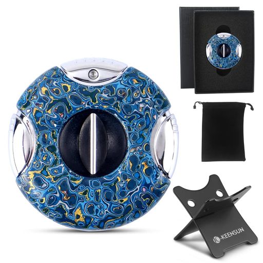 KEENSUNラウンドVカットシガーカッター(青)-23層の手作りラッカー塗装、60リングゲージ、安全ロック付..