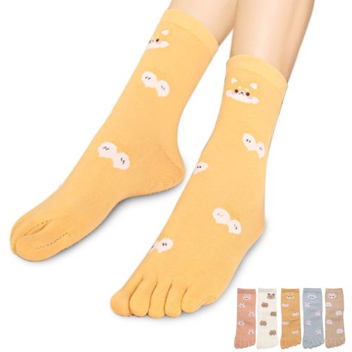 [MgDa]5本指ソックスレディース脱げにくい5本指靴下通気防臭フリーサイズミドル丈(R動物/5色5足セット)