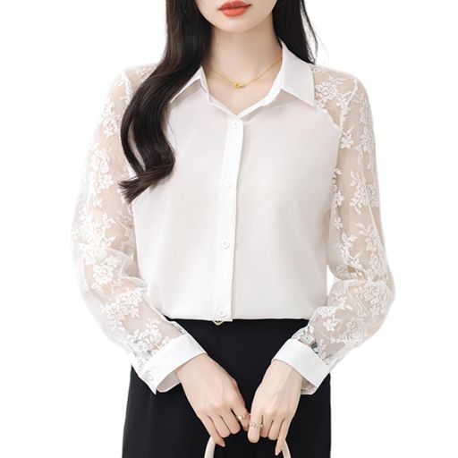 [7-livehouse]ブラウスレディースシャツトップスレース花柄切り替えシースルー長袖おしゃれスーツイン..