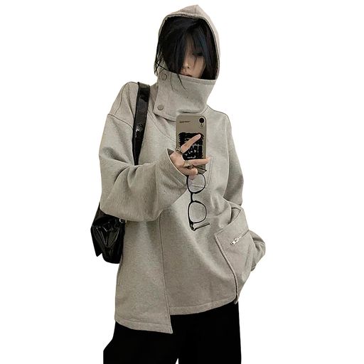 [TOWYYO]パーカー原宿系タートルネックメンズ無地フード付き忍者パーカージッパー付き長袖ゆったりハイ..