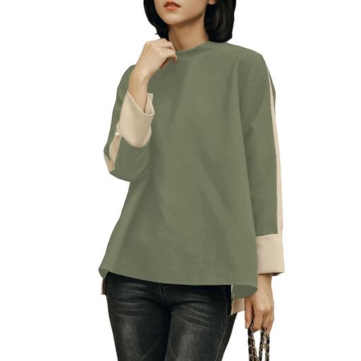 [MerelopCeto]ブラウスレディース長袖シャツ切り替え立ち襟トップスフレアスリーブパールプルオーバー..